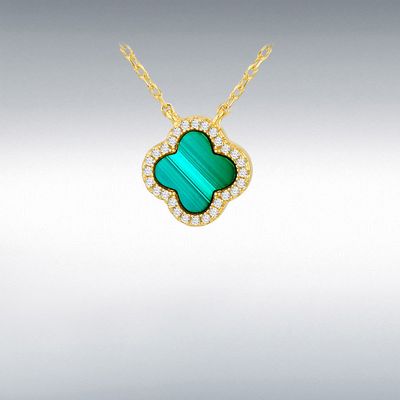 Sterling Silver Yellow Gold Plated 13.4mm x 13.4mm Clover Malachite White CZ Adjustable Necklace 8.12.0190