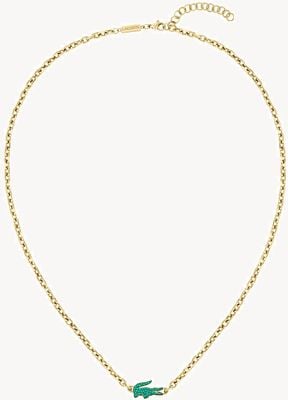 Lacoste Arthor Gold-Tone Stainless Steel Chain Necklace With Green Crocodile 2040612