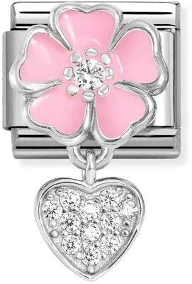 Nomination Classic Crystal Heart Pink Flower Sterling Silver Charm 331814/01
