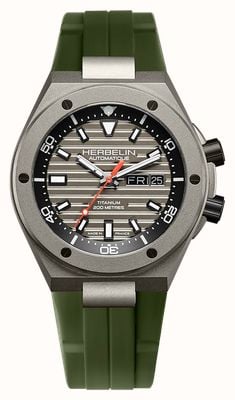 Herbelin Cap Camarat Automatic Titanium Diver (42mm) Grey Dial / Khaki Green FKM Rubber Strap 1745TITICK