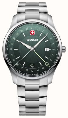 Wenger City GMT Quartz (42mm) Brushed Green Dial / Stainless Steel Bracelet 01.1442.107