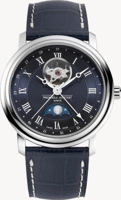 Frederique Constant Classics Moonphase Heart Beat Automatic (40mm) Blue Guilloché Dial / Blue Leather Strap FC-335MCNW4P26