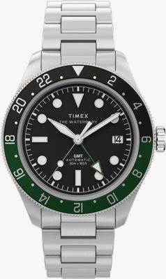 Timex Waterbury Heritage Automatic GMT (41.5mm) Black Dial / Stainless Steel Bracelet TW2Y60800