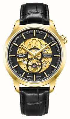 Rotary Greenwich | Gold and Black Skeleton Dial | Black Leather Strap GS02948/04