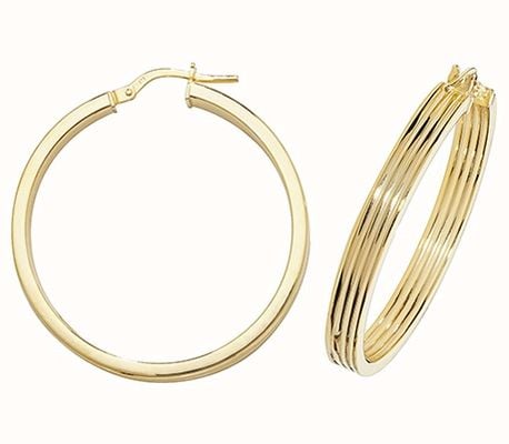 James Moore TH 9k Yellow Gold Hinged Ridge Hoop Earrings 30 mm ER1017-30