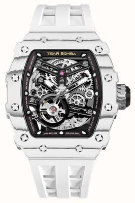 TSAR BOMBA Elemental Series Carbon-Fiber Automatic (43mm) Black Skeleton Dial / Elite White Silicone Strap TB8208CF-35