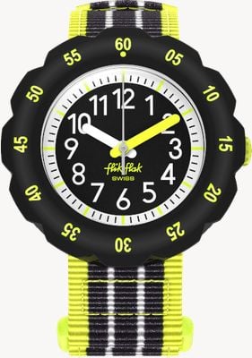 Flik Flak Kid's LOOP IN NEON (34.75mm) Black Dial / Black and Yellow Velcro Recycled PET Fabric Strap FPSP073