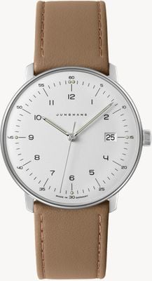 Junghans Men's Max Bill White Dial Beige Leather Watch Sapphire Crystal 41/4562.02