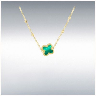 9ct Yellow Gold 9.5mm Malachite Clover DC Ball Necklace 1.19.2240