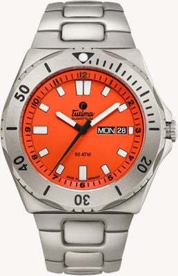 Tutima Glashütte M2 Seven Seas Automatic (44mm) Signal Orange Dial / Titanium Bracelet Watch 6151-08