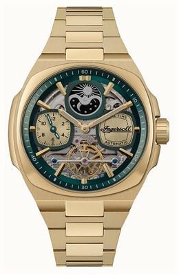 Ingersoll THE SPIRIT Automatic (46.7mm) Green Skeleton Dial / Gold-Tone Stainless Steel Bracelet I15803