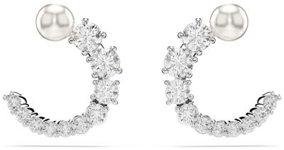Swarovski Matrix Hoop Stud Earrings Crystal Pearl White Crystals Rhodium Plated 5692260
