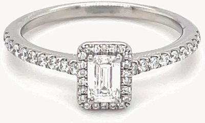 Platinum 0.31ct 0.56ct Total Emerald Cut Diamond Halo Ring ENG4043