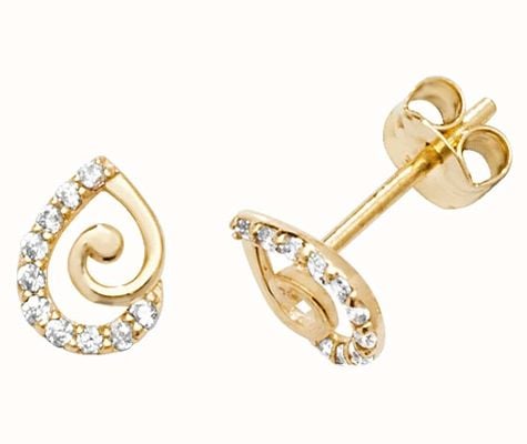 James Moore TH 9k Yellow Gold Teardrop Cubic Zirconia Stud Earrings ES594