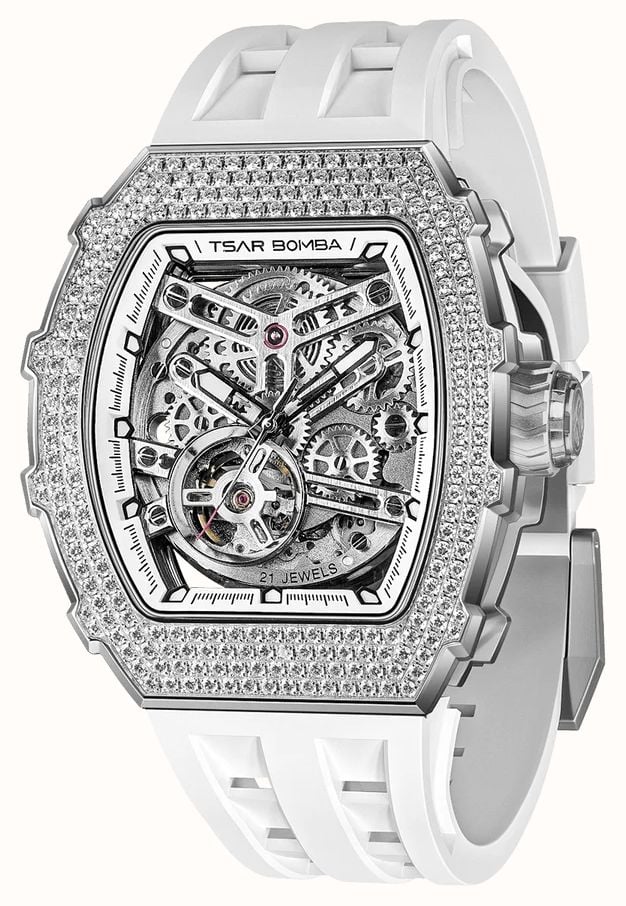 TSAR BOMBA Elemental Series Crystal Automatic (43mm) White Skeleton Dial / White FKM Rubber Strap TB8208D-11 - alternate view 2