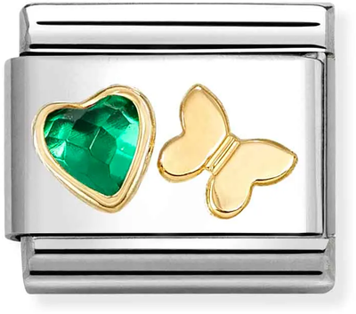 Nomination Classic Green Cubic Zirconia Heart & Butterfly 18ct Gold Charm 030613/15