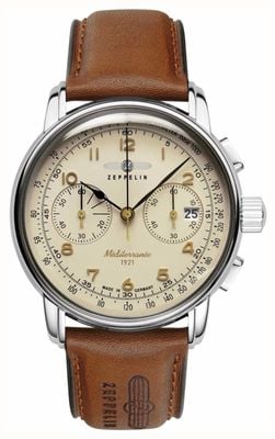 Zeppelin Men's Méditerranée (42mm) Cream Chronograph Dial / Brown Leather Strap 9670-5