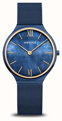 Bering Ultra-Slim Quartz (34mm) Blue Mother-of-Pearl Dial / Blue PVD Stainless Steel Mesh Bracelet 18434-397