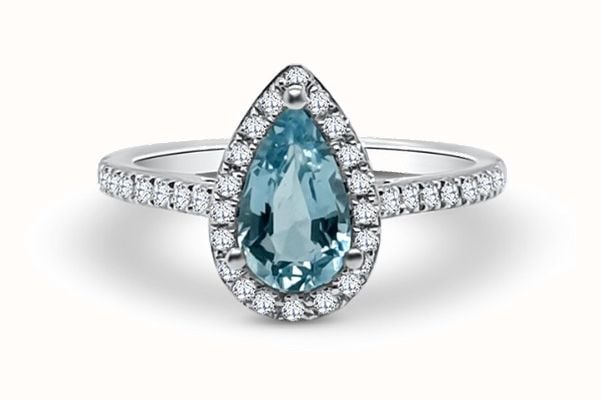 Bass Jewellery Platinum Pear Shape Aquamarine and Diamond Halo Ring J91763