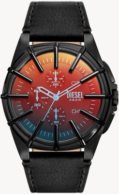 Diesel Men's Framed (44mm) Black Sunray Chronograph Dial / Black Leather Strap DZ4658