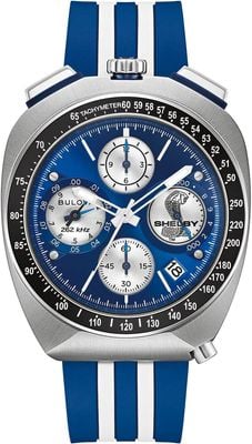 Bulova Shelby® Racer Chronograph Limited Edition (43mm) Blue Dial / Blue & White Striped HNBR Rubber Strap 98B452