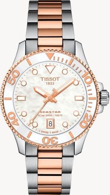 Tissot Seastar 1000m Quartz (36mm) White Mother-of-Pearl Dial / Two-Tone Stainless Steel Bracelet Watch T1202102211100