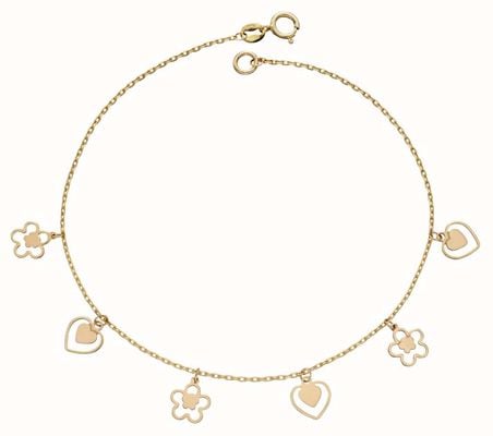 Elements Gold 9ct Yellow Gold Heart/flower Charm Bracelet GB508