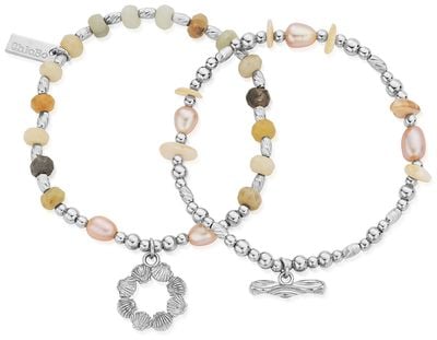 ChloBo TREASURES OF BALI Peace & Balance Set Of 2 Pearl Charm Bracelets - 925 Sterling Silver SBSETAPS3538