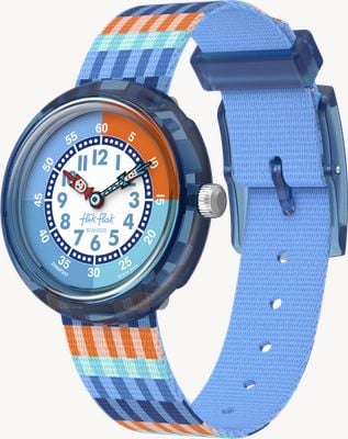 Flik Flak STRIPY STRIPES (31.85mm) White and Blue Dial / Stripe Patterned Strap FBNP243