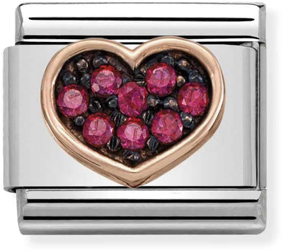 Nomination Classic Heart Red CZ Crystals Link Steel & Bonded Rose Gold Charm 430311/01