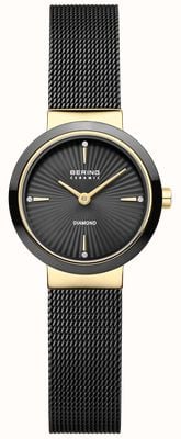 Bering Classic Diamond Quartz (27mm) Textured Black Dial / Black Milanese Mesh Strap Watch 10725-132