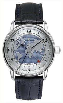 Zeppelin Friedrichshafen GMT Automatic (42mm) Silver & Blue Clous de Paris Dial / Black Leather Strap 8596-3