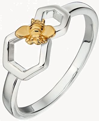 Elements Silver Silver Gold Plated Bee Honeycomb Ring R3673