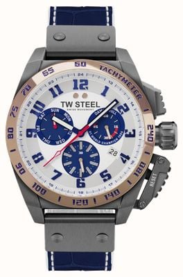 TW Steel Damon Hill Chronograph Limited Edition (46mm) White Satin Dial / Dark Blue Leather Strap TW1018