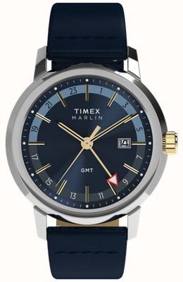 Timex Marlin Quartz GMT (40mm) Blue Sunray Dial / Blue Leather Strap TW2Y47900