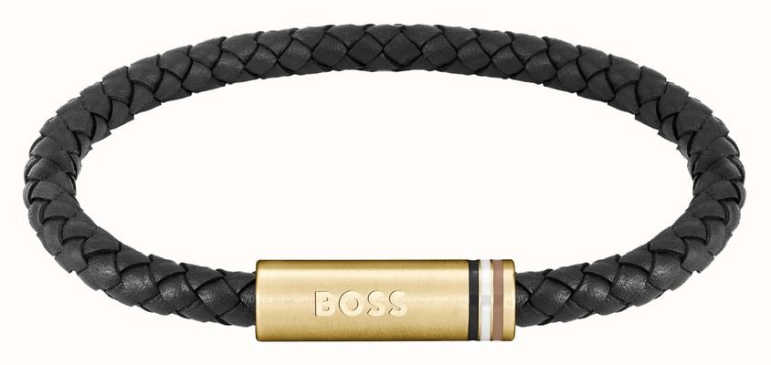 BOSS Jewellery Men's Ares Braided Black Leather Gold-Tone Stainless Steel Bracelet 1580624