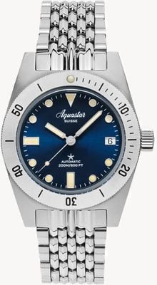 Aquastar Model 60 Steel Blue Limited Edition (37mm) Blue Sunray Dial / Stainless Steel Bracelet & NATO Strap M60-STEELBLUE