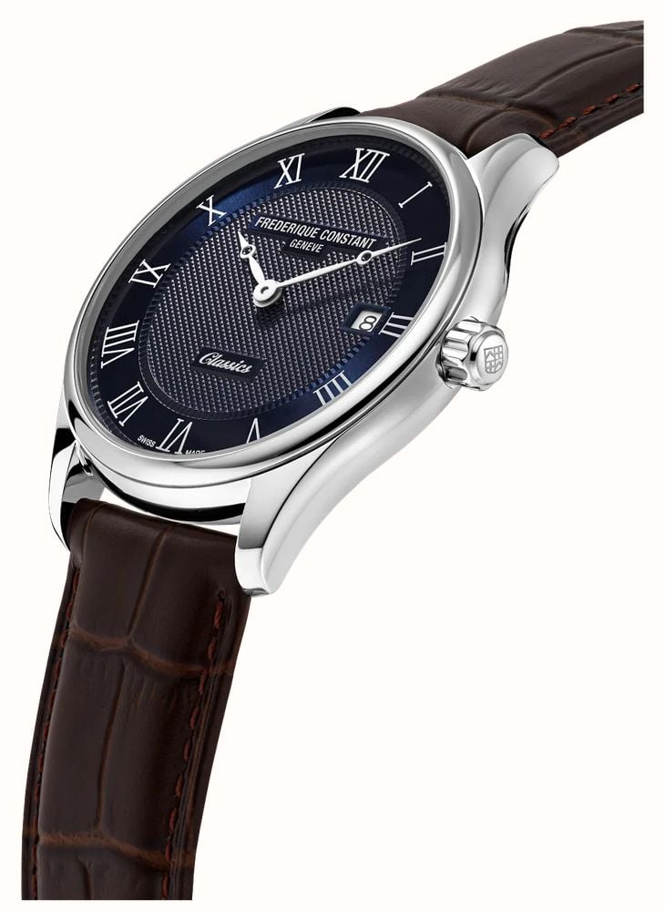 Frederique Constant Classics Quartz Date (40mm) Blue Clous de Paris Guilloché / Dark Brown Leather Strap FC-220N5B6 - alternate view 2