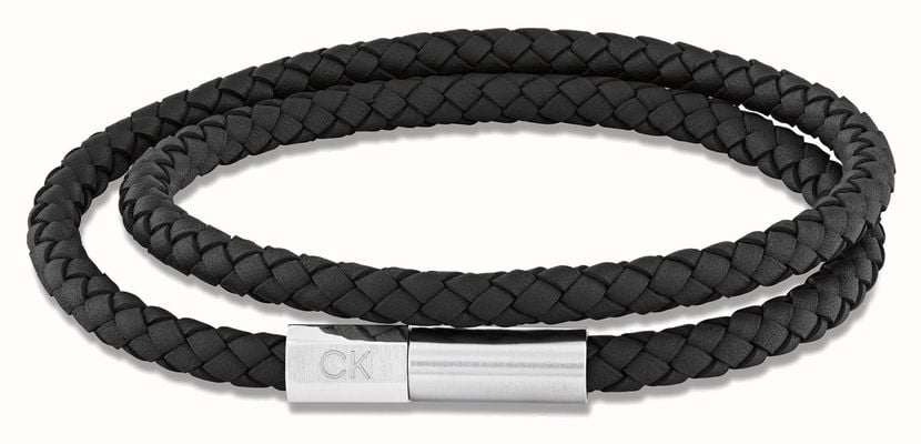 Calvin Klein Industrial Facets Men's Black Leather Stainless Steel Detail Bracelet 35100042