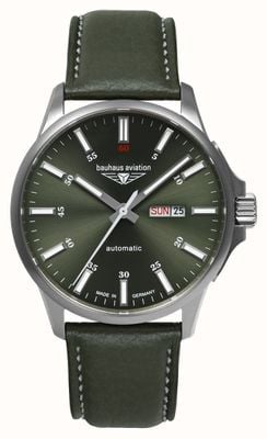 Bauhaus Aviation Titanium Day-Date Automatic (42mm) Dark Green Dial / Green Leather Strap 28664