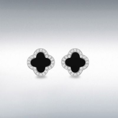Sterling Silver Rhodium Plated 11mm Clover Black Agate and 1.1mm White CZ Stud Earring 8.59.1909