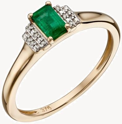 Elements Gold 9ct Yellow Gold Emerald And Diamond Deco Ring Size EU 54 (UK N) GR567G 54