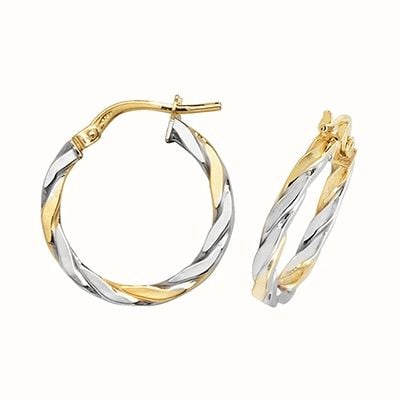 James Moore TH 9ct Yellow And White Gold  2 Tone Twist Hoop Earrings ER1041YW-15