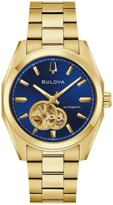 Bulova Surveyor Open-Heart Automatic (39mm) Blue Sunray Dial / Gold PVD Stainless Steel Bracelet 97A203