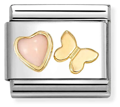 Nomination Classic Pink Coral Heart & Butterfly 18ct Gold Charm 030523/12