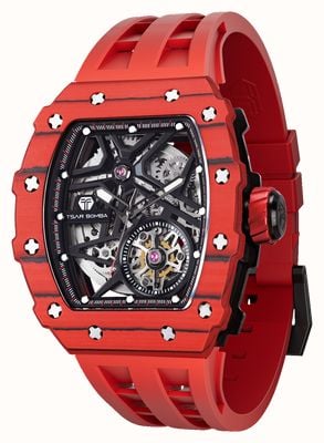 TSAR BOMBA Elemental Series Carbon Fibre Automatic (43.5mm) Black Skeleton Dial / Red FKM Rubber Strap TB8209CF-07