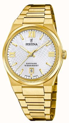 Festina Swiss Made Rivé Quartz (40mm) Silver Dial / Gold PVD Stainless Steel Bracelet F20057/1