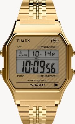 Timex T80 Indiglo Digital (34mm) Digital Dial / Gold PVD Stainless Steel Bracelet TW2R79200