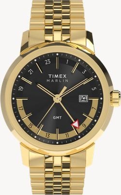 Timex Marlin Quartz GMT (40mm) Black Sunray Dial / Gold-Tone Stainless Steel Bracelet TW2Y47700