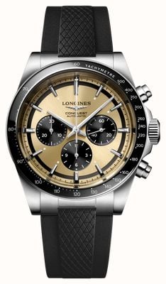 LONGINES Conquest Automatic Chronograph (42mm) Gold Sunray Dial / Black Rubber Strap L38354329